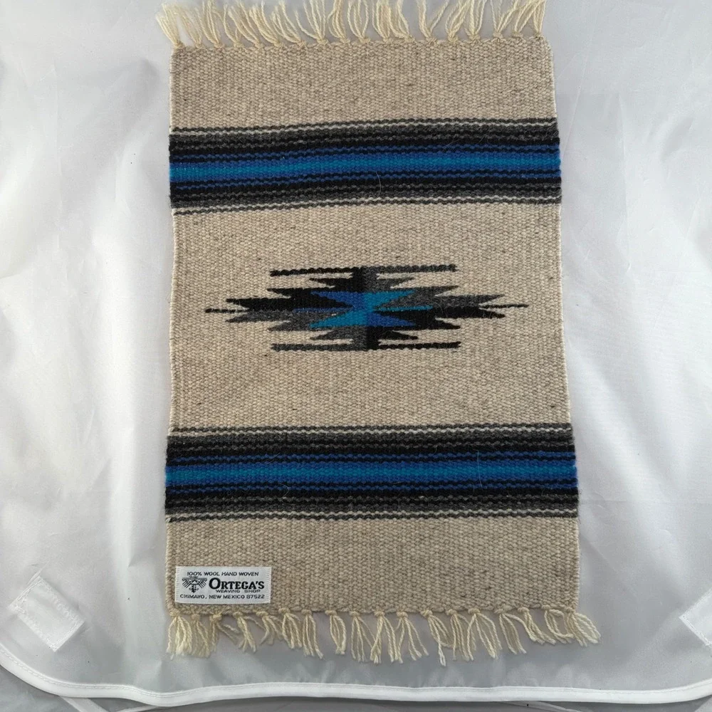 Vtg Ortega's Chimayo Hand Woven Wool Table Mat 10x15 Blue Southwestern Boho Rug